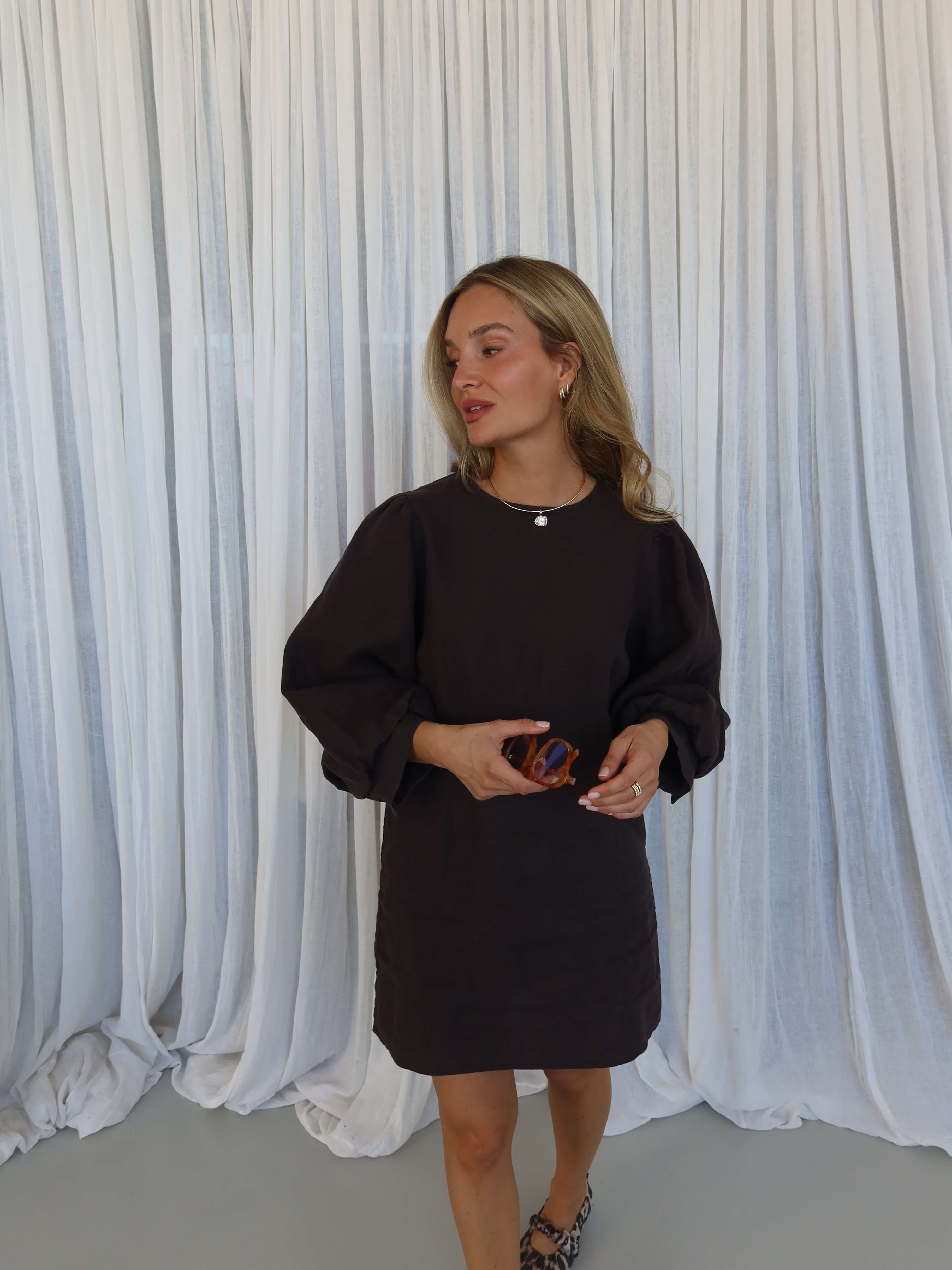 SOHO STUDIOS BELLA LINEN DRESS raw chocolate